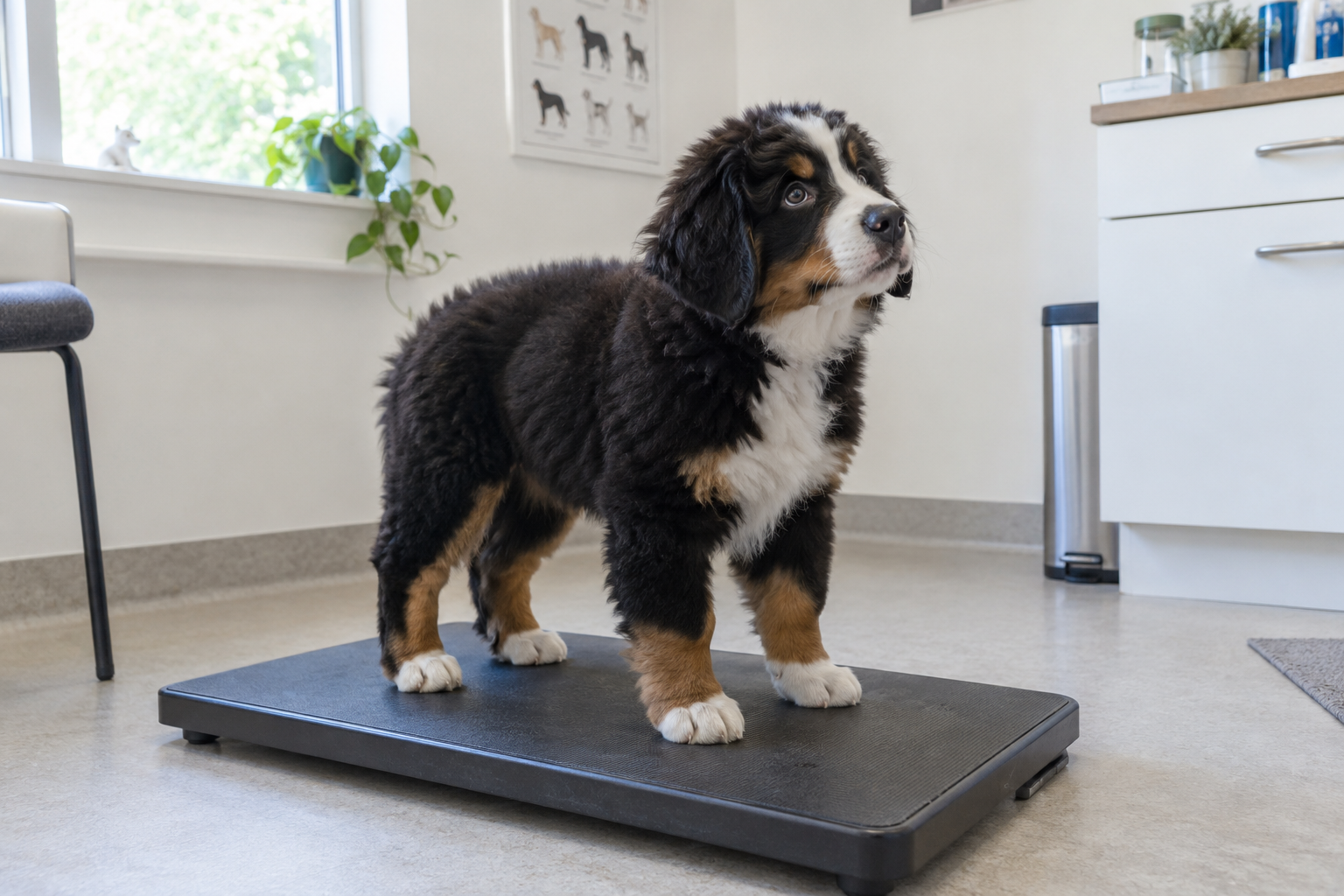 Bernské šteniatko stojí pokojne na veterinárnej váhe